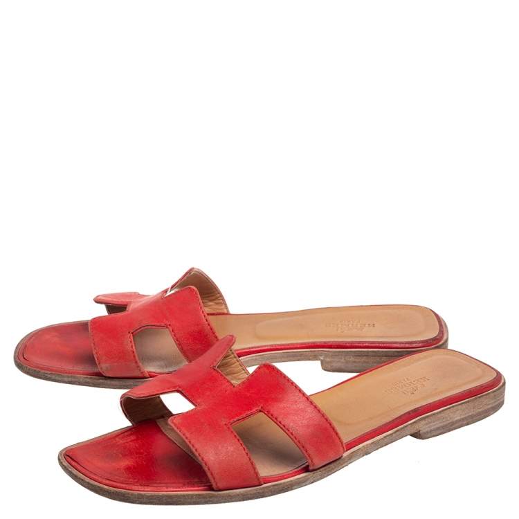 Pre Owned Hermes Red Leather Oran Flats Size 38