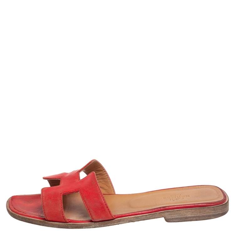 Pre Owned Hermes Red Leather Oran Flats Size 38