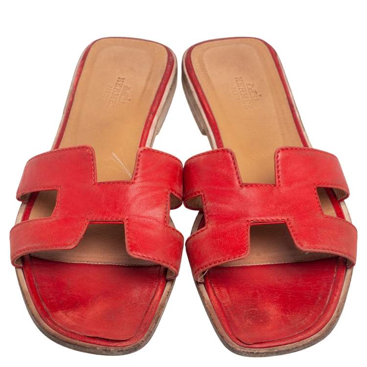 Pre Owned Hermes Red Leather Oran Flats Size 38