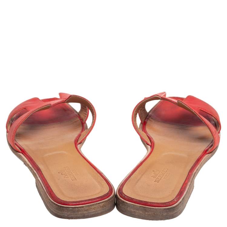 Pre Owned Hermes Red Leather Oran Flats Size 38