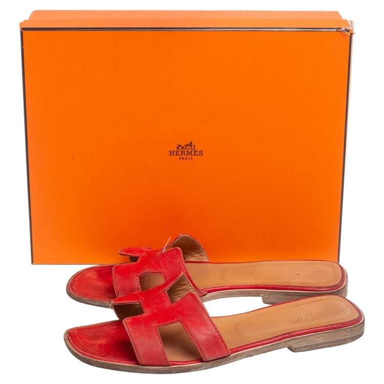 Pre Owned Hermes Red Leather Oran Flats Size 38