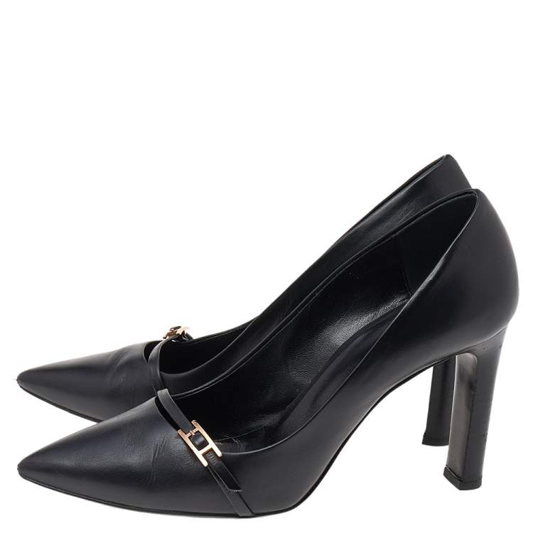 Pre Owned Hermes Black Leather Pointed Toe Pumps Size 38