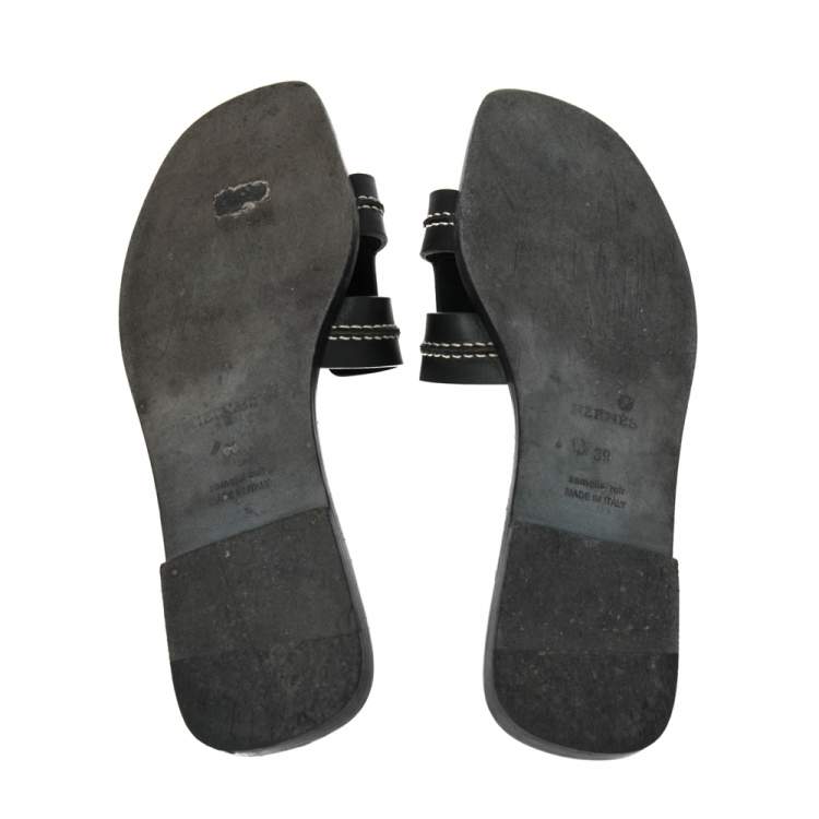 Pre Owned Hermes Black Leather H Stitched Detail Oran Flats Sandals Size 39