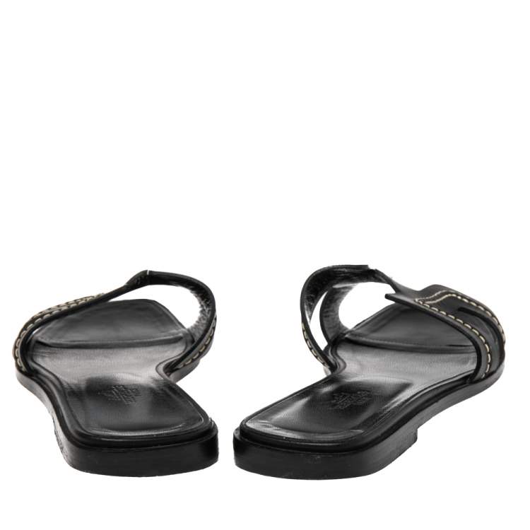 Pre Owned Hermes Black Leather H Stitched Detail Oran Flats Sandals Size 39