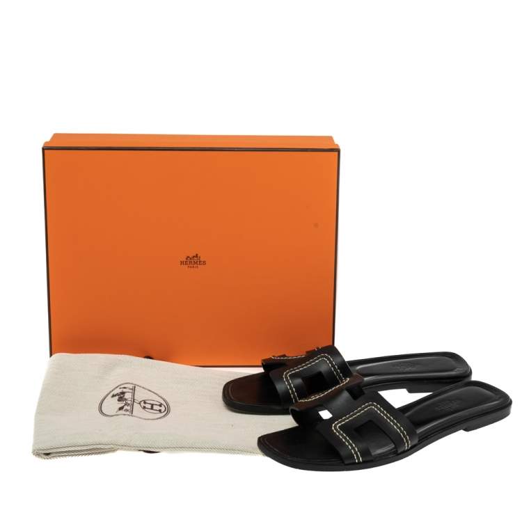 Pre Owned Hermes Black Leather H Stitched Detail Oran Flats Sandals Size 39