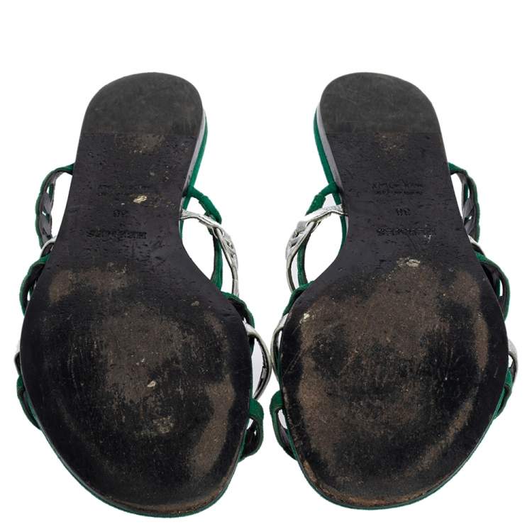 Pre Owned Hermes Green/Silver Leather And Suede Chaine D'ancre Flat Sandals Size 38