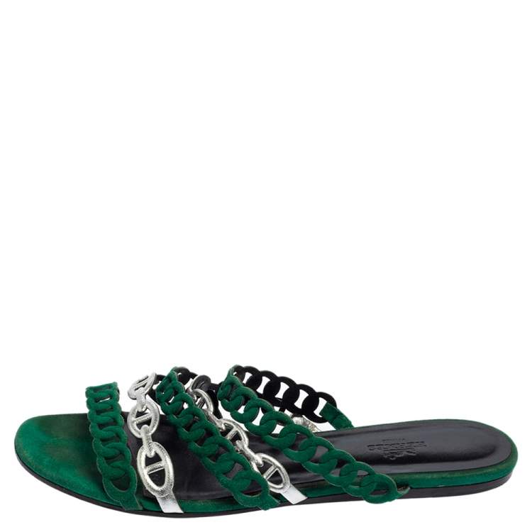 Pre Owned Hermes Green/Silver Leather And Suede Chaine D'ancre Flat Sandals Size 38