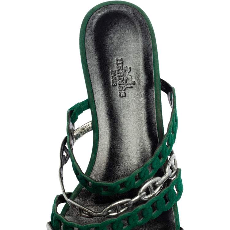 Pre Owned Hermes Green/Silver Leather And Suede Chaine D'ancre Flat Sandals Size 38