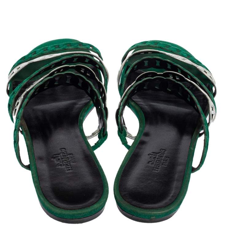 Pre Owned Hermes Green/Silver Leather And Suede Chaine D'ancre Flat Sandals Size 38
