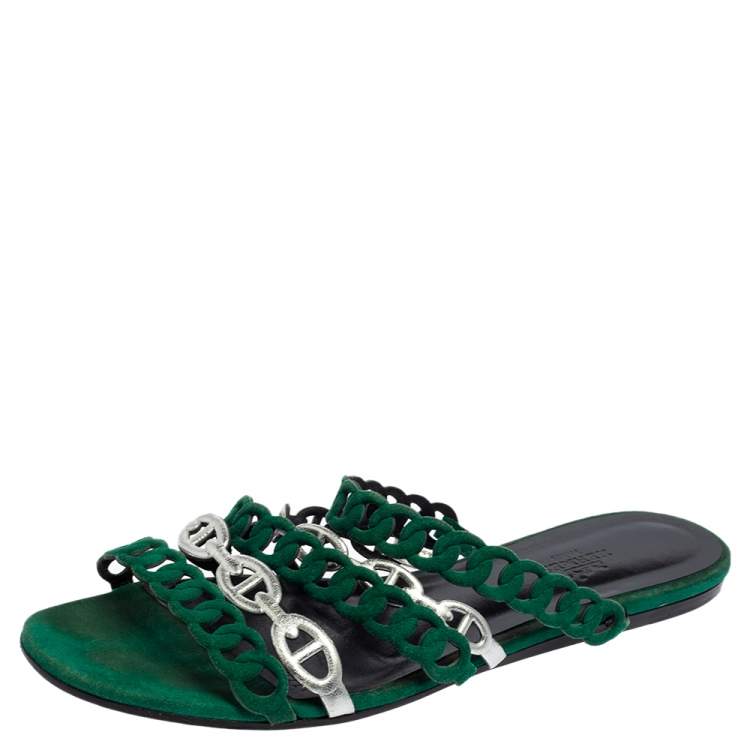 Pre Owned Hermes Green/Silver Leather And Suede Chaine D'ancre Flat Sandals Size 38