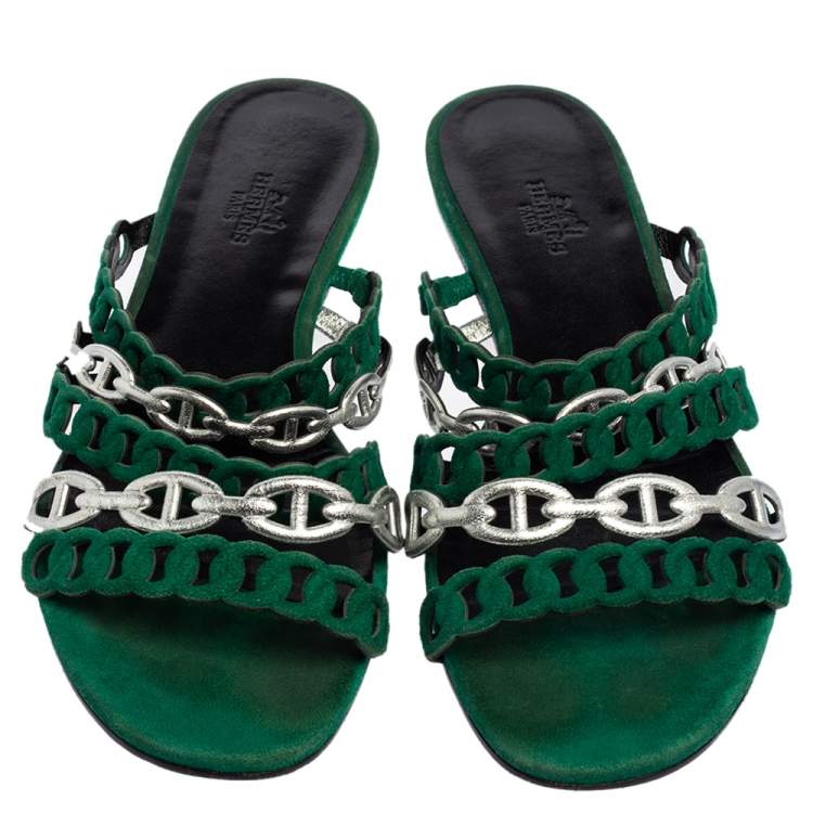 Pre Owned Hermes Green/Silver Leather And Suede Chaine D'ancre Flat Sandals Size 38