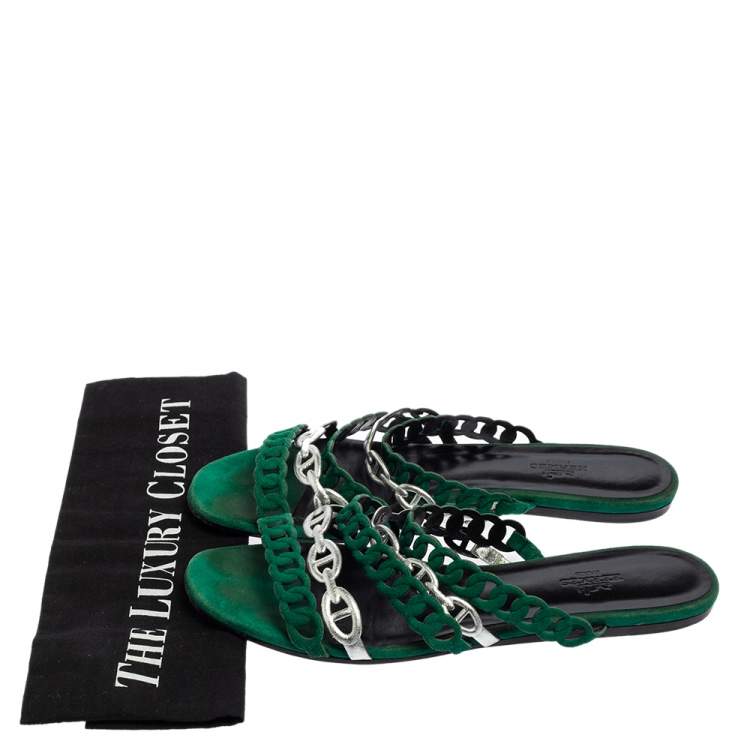 Pre Owned Hermes Green/Silver Leather And Suede Chaine D'ancre Flat Sandals Size 38