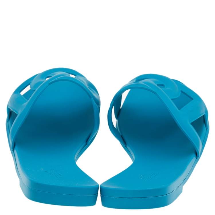 Pre Owned Hermes Blue Rubber Aloha Flat Slides Size 35