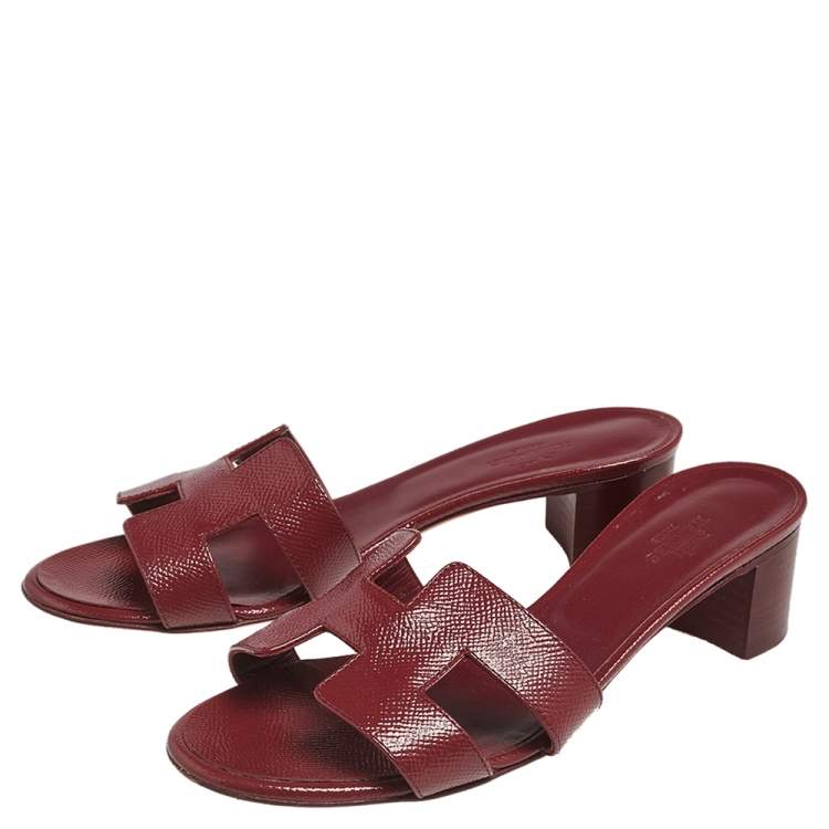 Pre Owned Hermes Burgundy Patent Leather Oasis  Sandals Size 37