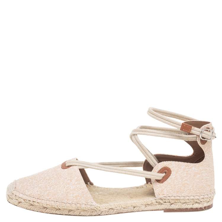 مملوكة مسبقًا Hermes Beige Cotton Ole Drill Espadrille Flats Size 38
