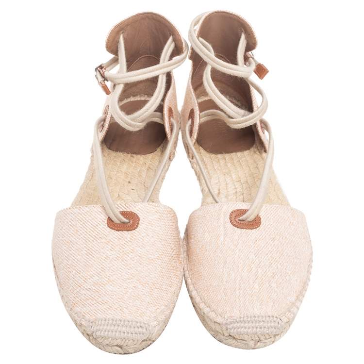 مملوكة مسبقًا Hermes Beige Cotton Ole Drill Espadrille Flats Size 38