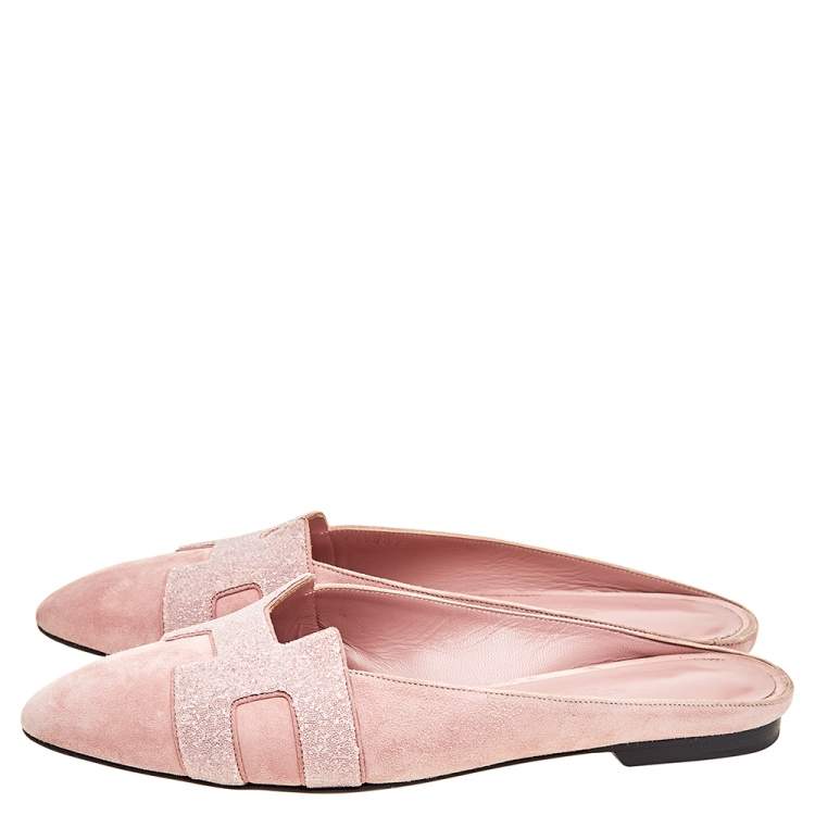 مملوكة مسبقًا Hermés Pink Suede And Glitter Roxane Mule Flats Size 38.5