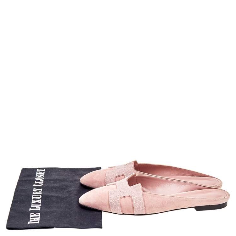 مملوكة مسبقًا Hermés Pink Suede And Glitter Roxane Mule Flats Size 38.5