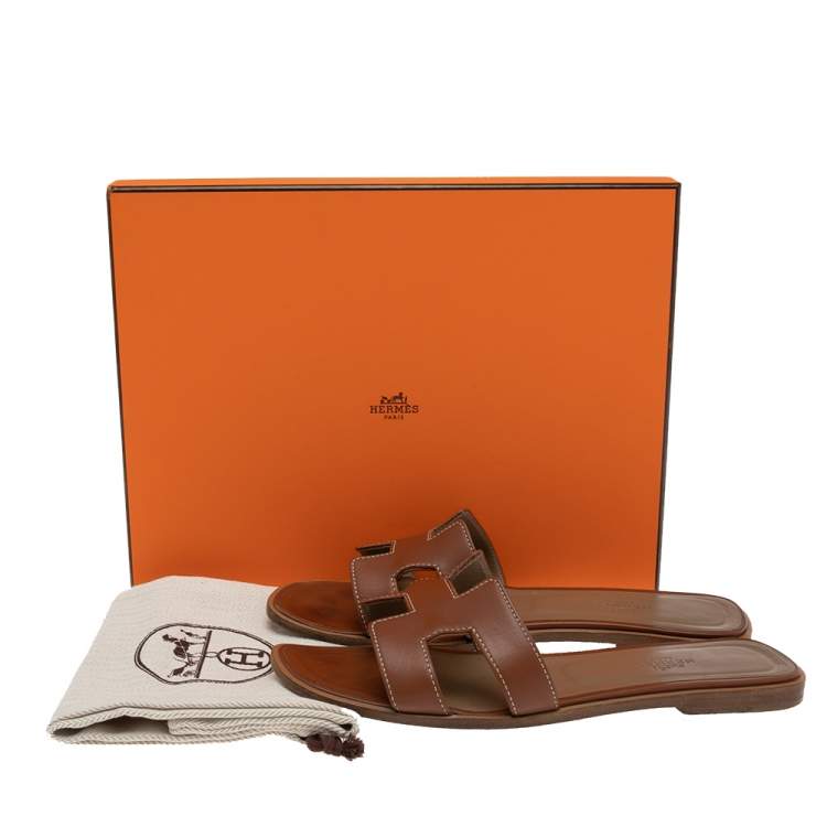 Pre Owned Hermes Brown Leather Oran Flats Size 37.5