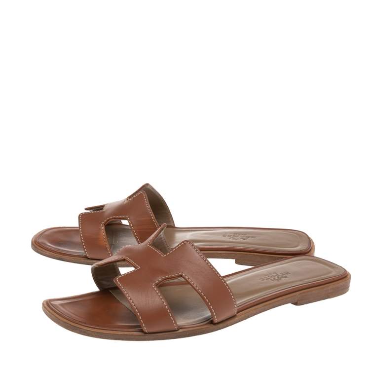 Pre Owned Hermes Brown Leather Oran Flats Size 37.5