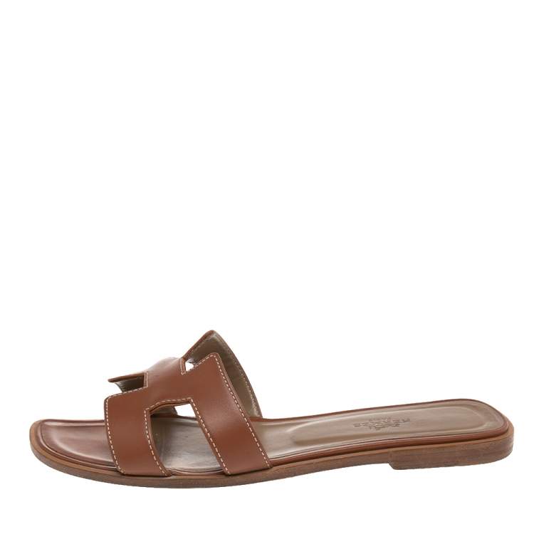 Pre Owned Hermes Brown Leather Oran Flats Size 37.5