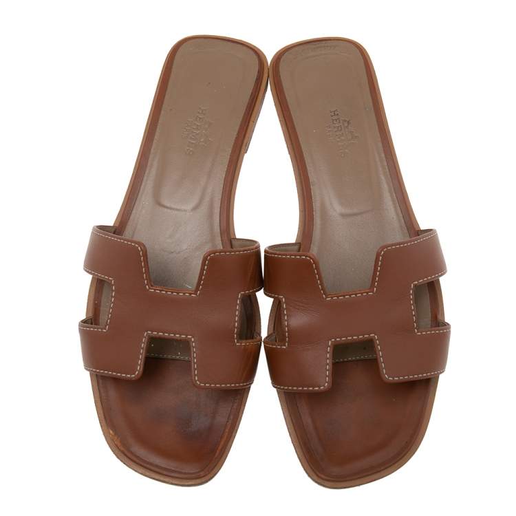Pre Owned Hermes Brown Leather Oran Flats Size 37.5