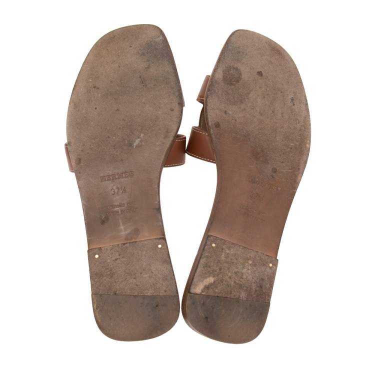 Pre Owned Hermes Brown Leather Oran Flats Size 37.5