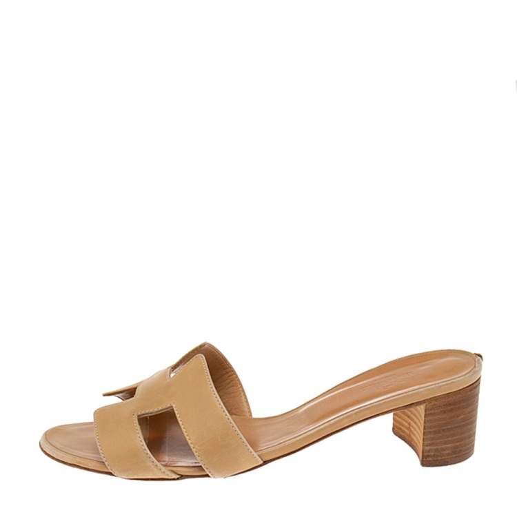 Pre Owned Hermes Beige Leather Oasis Slide Sandals Size 39