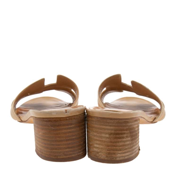 Pre Owned Hermes Beige Leather Oasis Slide Sandals Size 39
