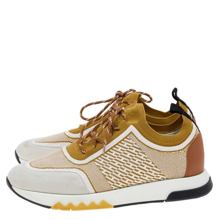 Pre Owned Hermes Multicolor Knit Fabric And Leather Addict Sneakers Size 39