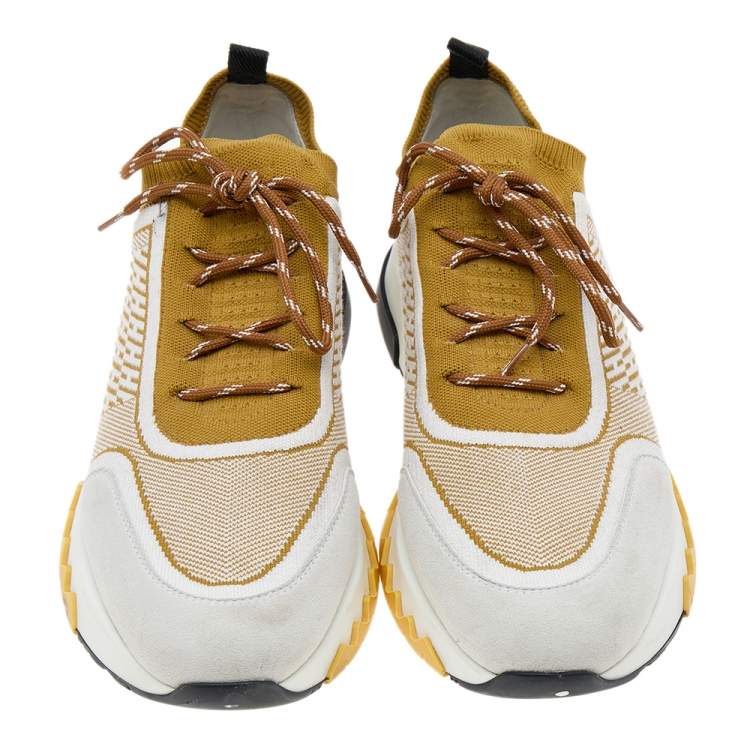 Pre Owned Hermes Multicolor Knit Fabric And Leather Addict Sneakers Size 39