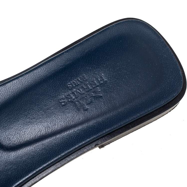 Pre Owned Hermes Navy Blue Leather Oran Flat Slides Size 37.5
