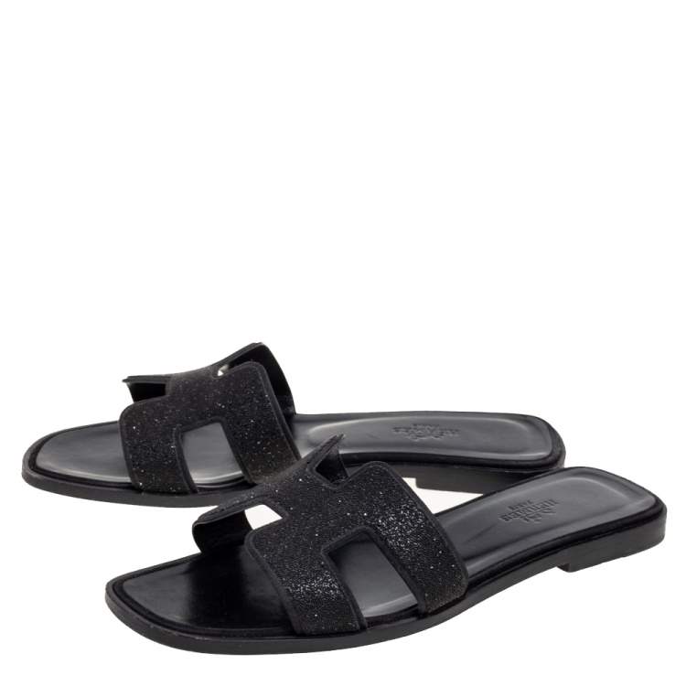 Pre Owned Hermes Black Crystal Suede Oran Flat Slides Size 37 