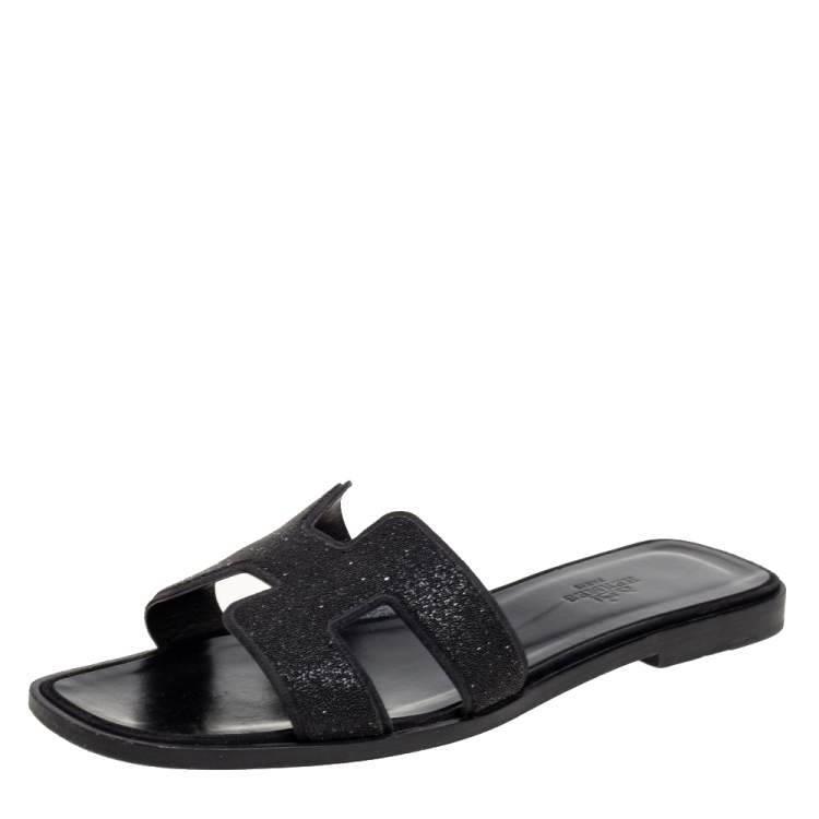 Pre Owned Hermes Black Crystal Suede Oran Flat Slides Size 37 