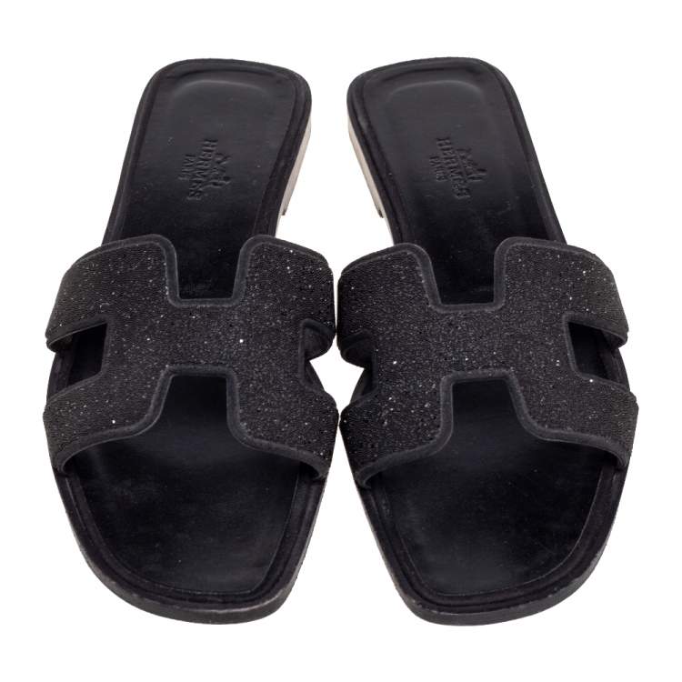 Pre Owned Hermes Black Crystal Suede Oran Flat Slides Size 37 