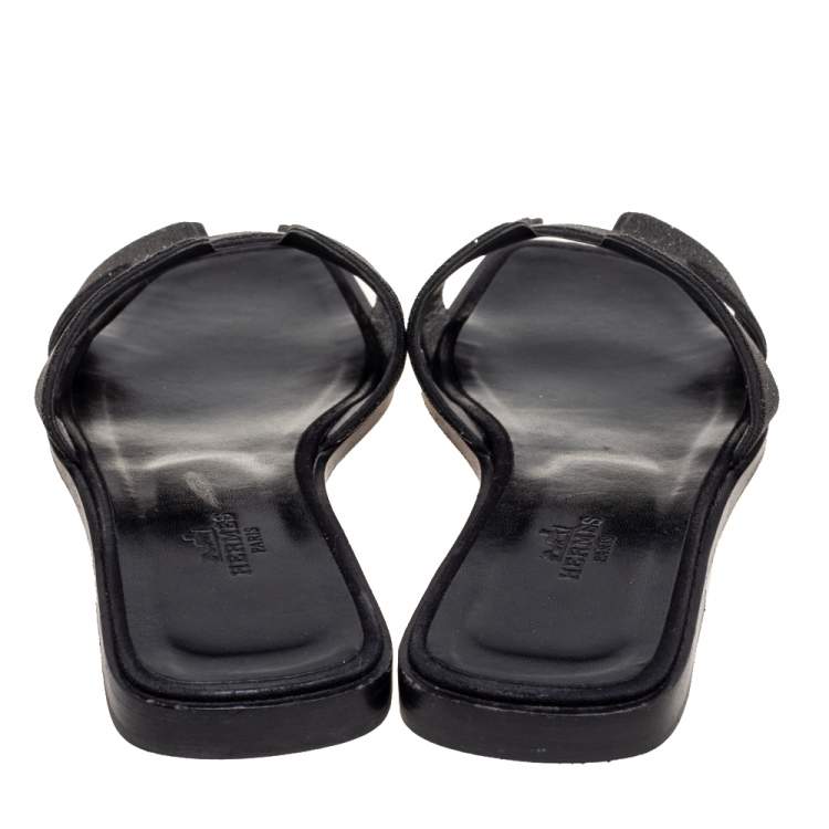 Pre Owned Hermes Black Crystal Suede Oran Flat Slides Size 37 