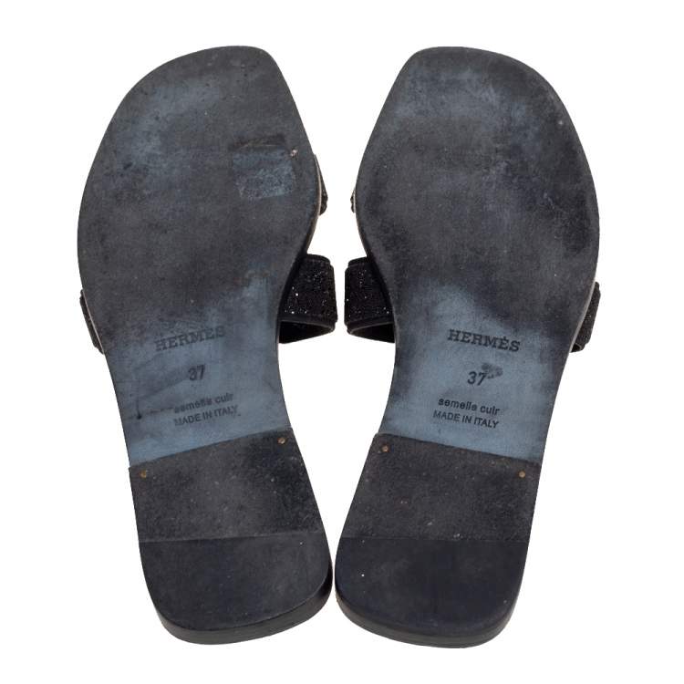 Pre Owned Hermes Black Crystal Suede Oran Flat Slides Size 37 