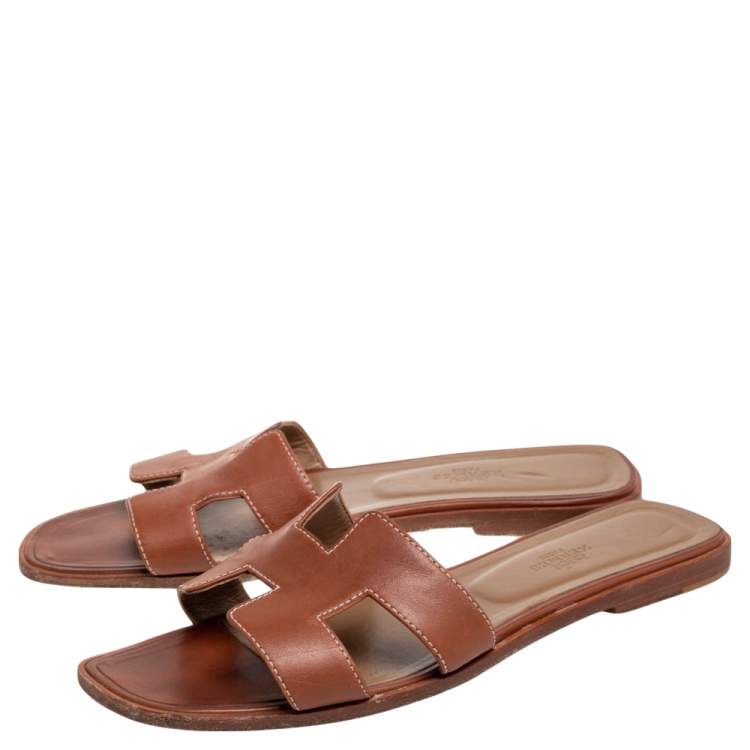 Pre Owned Hermes Brown Leather Oran Sandals Size 40
