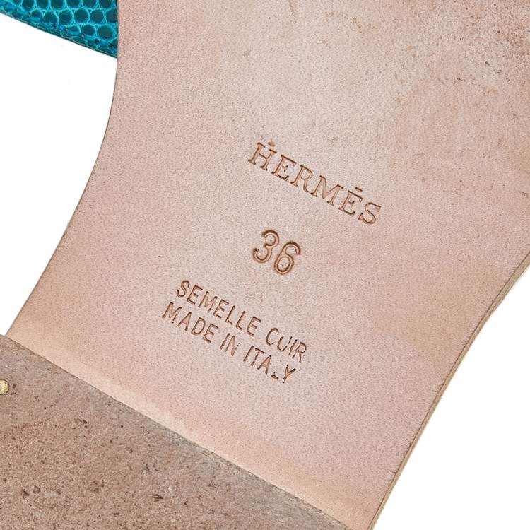 مملوكة مسبقًا Hermes Blue Lizard Leather Oran Flat Slides Size 36