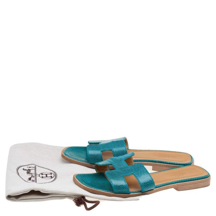 مملوكة مسبقًا Hermes Blue Lizard Leather Oran Flat Slides Size 36