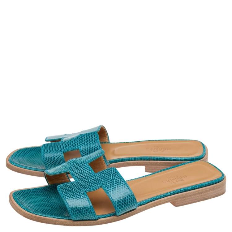 مملوكة مسبقًا Hermes Blue Lizard Leather Oran Flat Slides Size 36