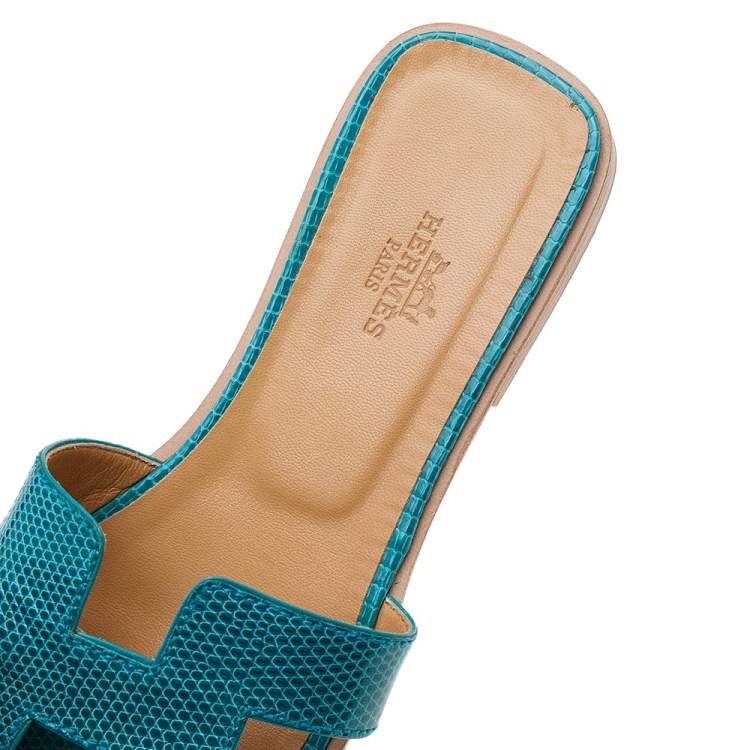 مملوكة مسبقًا Hermes Blue Lizard Leather Oran Flat Slides Size 36