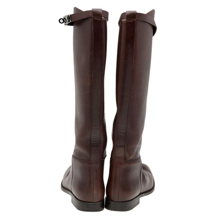 Pre Owned Hermes Brown Leather Kelly Knee Length Boots Size 38
