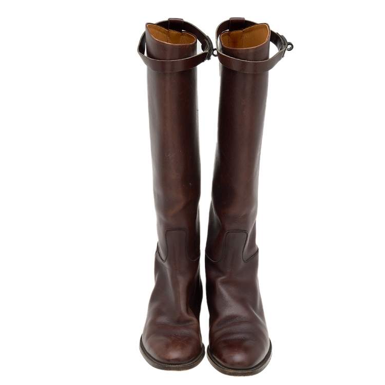 Pre Owned Hermes Brown Leather Kelly Knee Length Boots Size 38