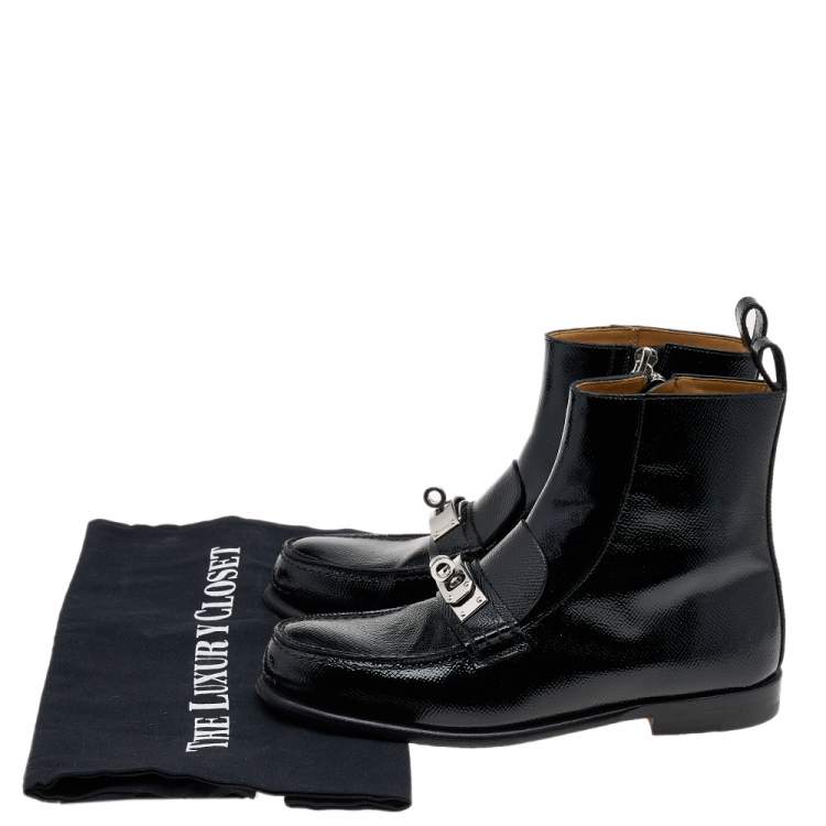 مملوكة مسبقًا Hermes Black Textured Patent Leather Kelly Turn Lock Ankle Boots Size 36