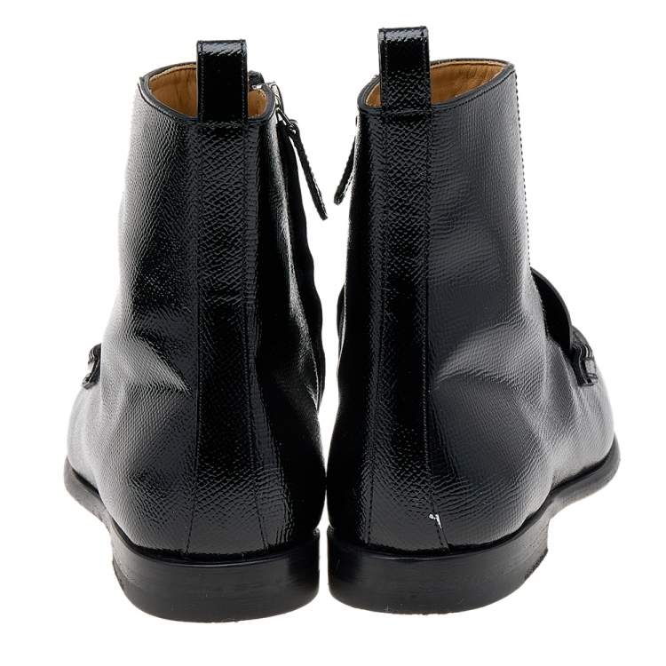مملوكة مسبقًا Hermes Black Textured Patent Leather Kelly Turn Lock Ankle Boots Size 36