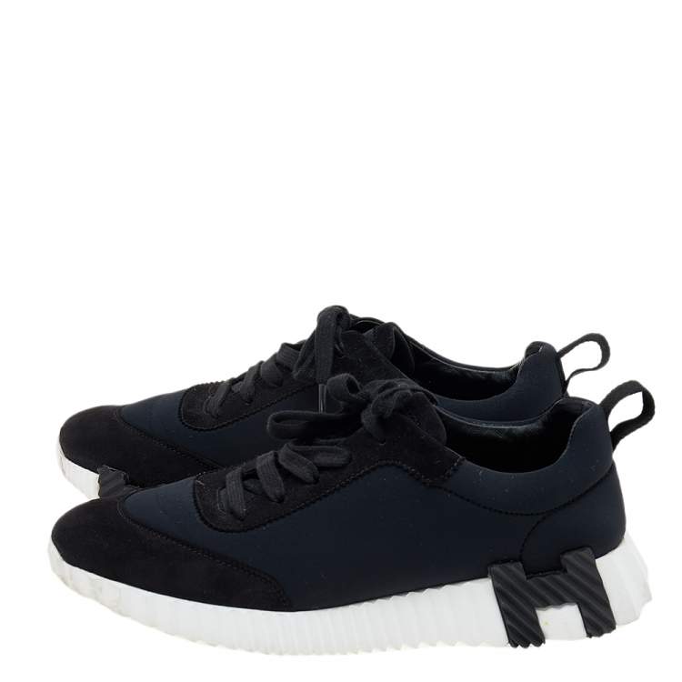 Pre Owned Hermes Black/Navy Blue Suede And Neoprene Bouncing Sneakers Size 38