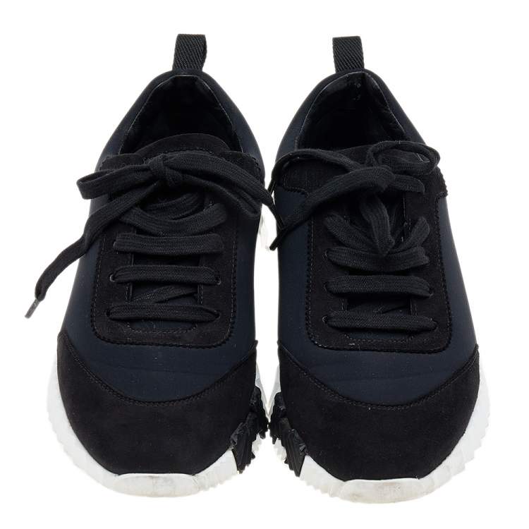 Pre Owned Hermes Black/Navy Blue Suede And Neoprene Bouncing Sneakers Size 38