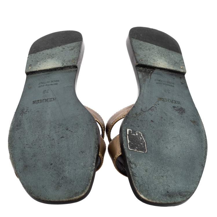 Pre Owned Hermes Gold Leather Oran Flat Sandals Size 38