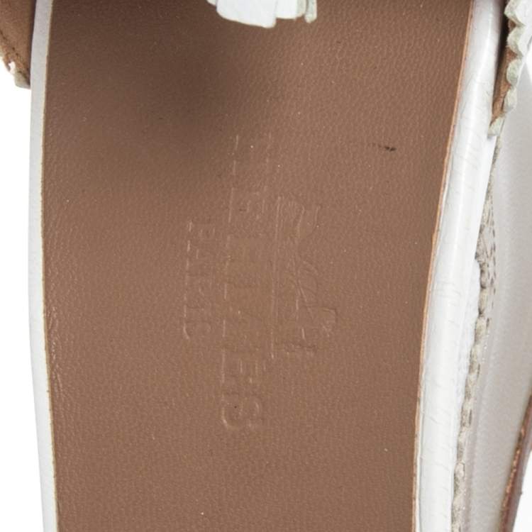 Pre Owned Hermes White/Olive Green Brogue Leather Lace-Tie Wedge Pumps Size 38
